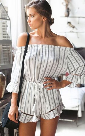 F2479 Ruffled Off-The-Shoulder Tassel-Tie Waist Romper